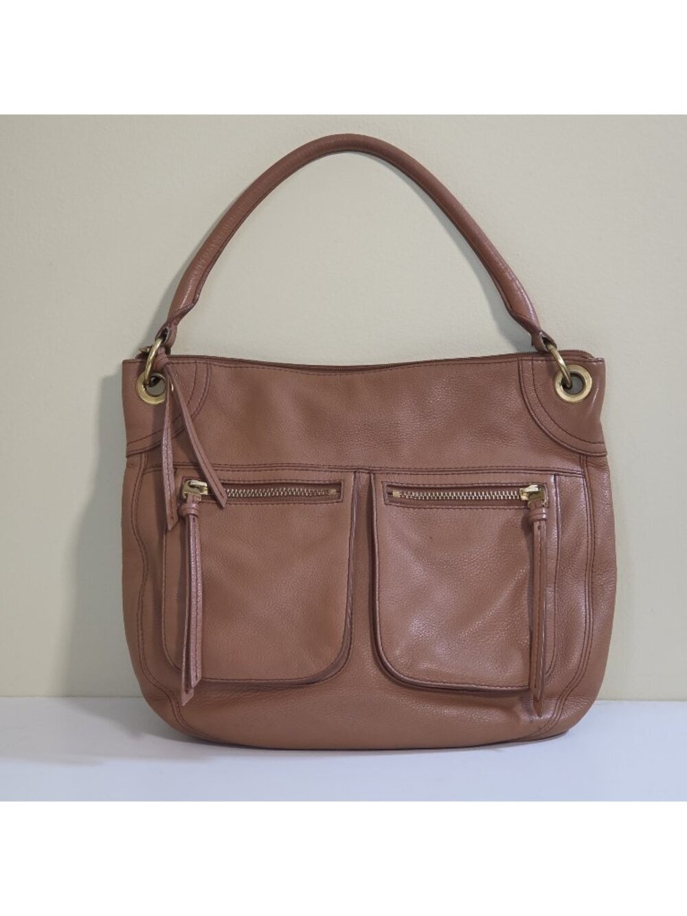 Fossil Issue 1954 Hobo Shoulder Bag Brown Pebbled Leather Dual Zip Pockets